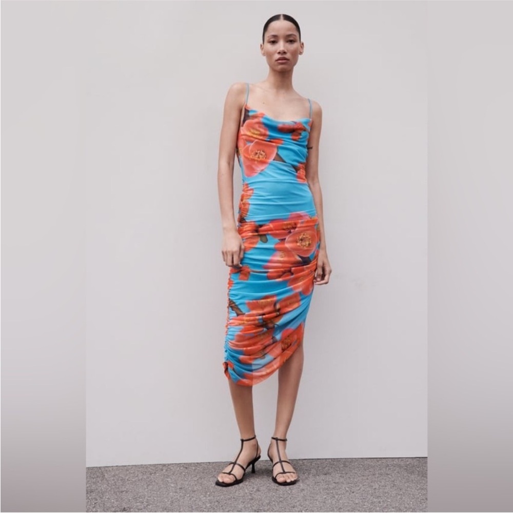 Zara Blue Floral High-Low Dress with Orange Accents